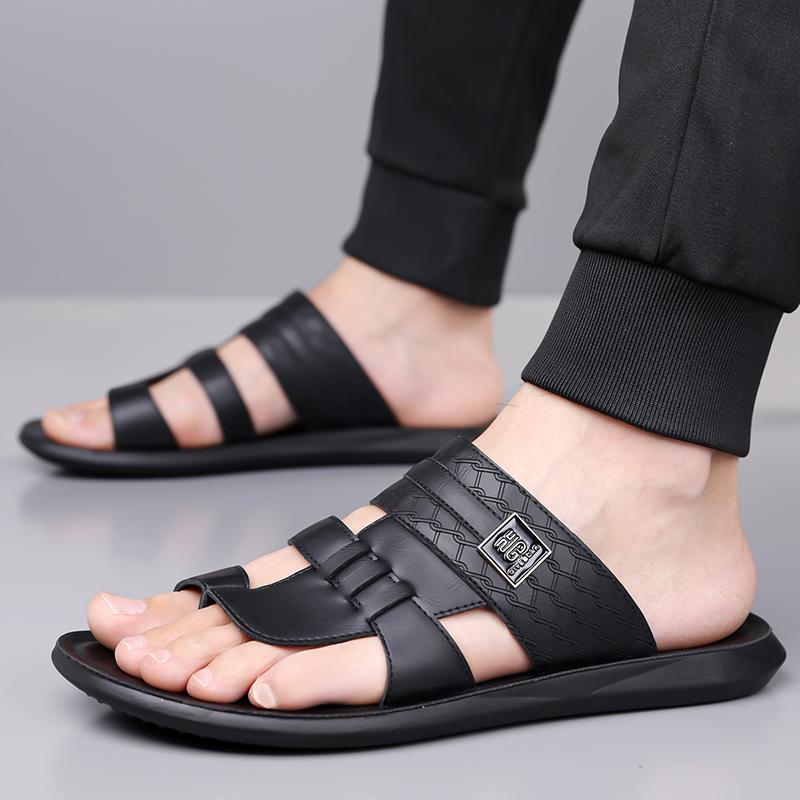 Men Black Leather Slippers Handmade Simple Flats Summer White Outdoor Roman Sandals Brown Open Toe Beach Shoes Plus Size