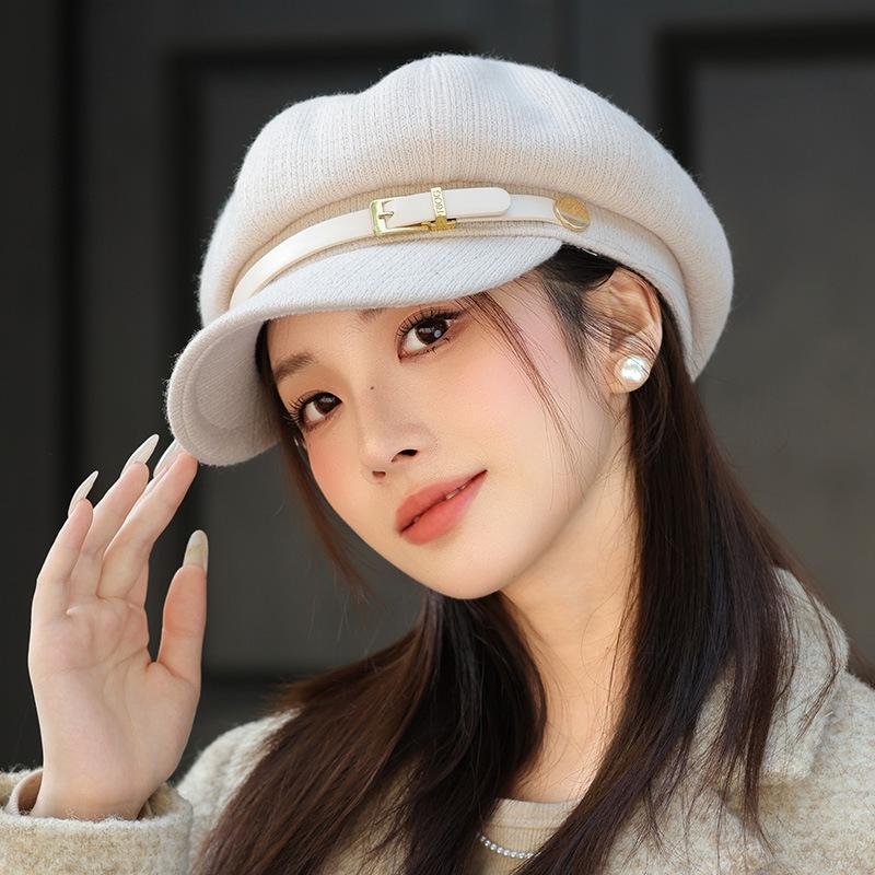 Korean Autumn Pu Leather Button Duck Tongue Beret Hat for Women Navy Style Fashion High End Look Small Versatile Octagonal Hat