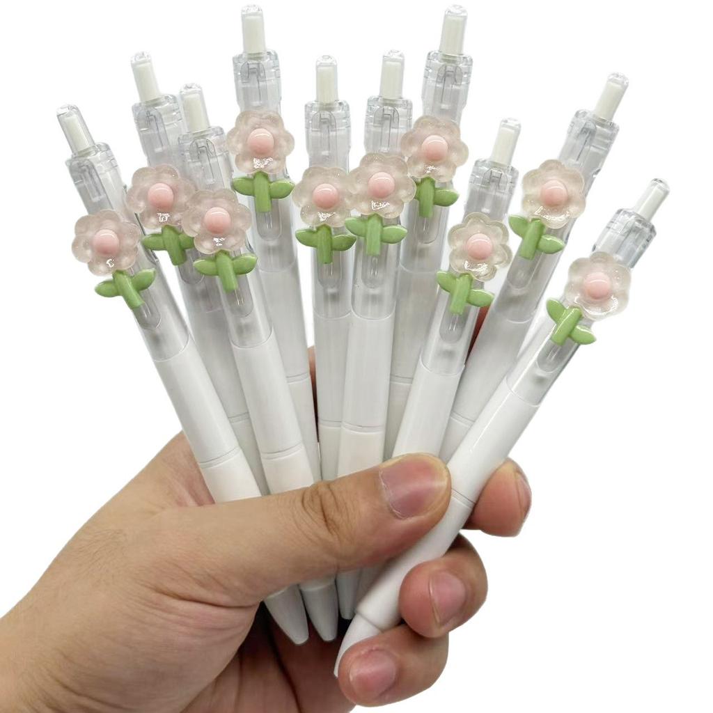 10Pcs Flowers Patch-Themed Retractable Ballpoint Pens - White Soft Grip Pens with Random Flowers Designs, Fine Point, Ideal for Students and Office Us