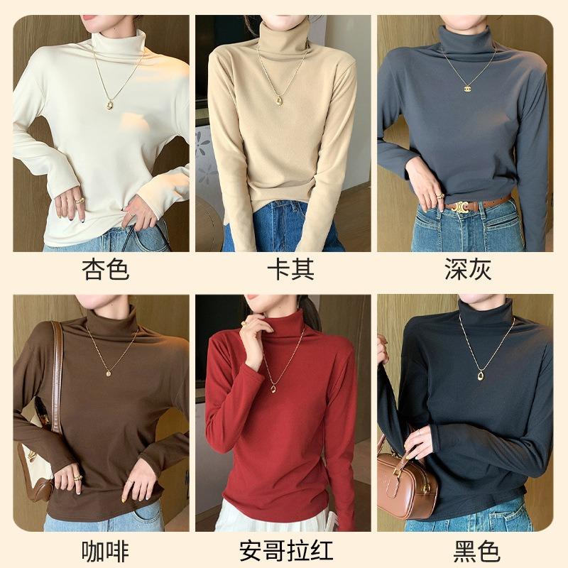High-necked Micron Velvet Bottomed Shirt for Women's Autumn and Winter, Thickened Double-sided Abraded Stacked Collar Long-sleeved Top