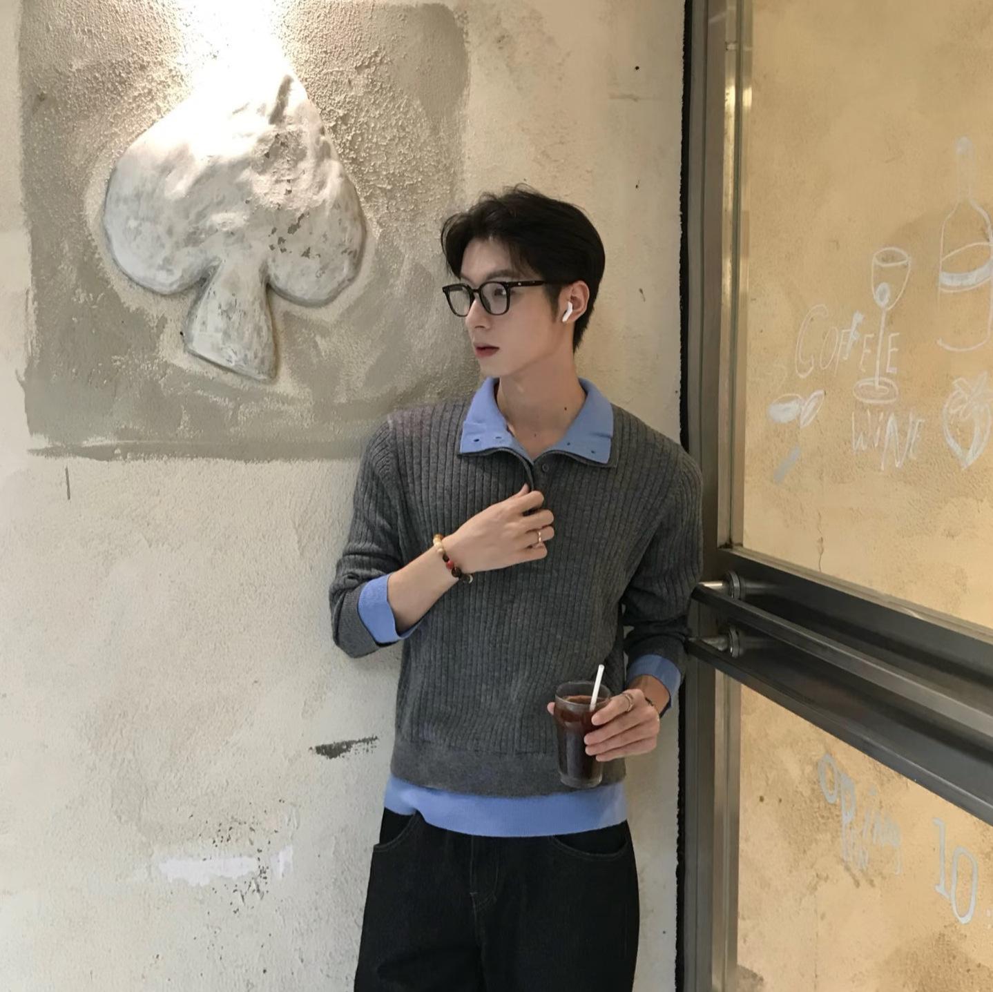 High-Quality Wool Blend Color-Block Ribbed Knit Polo Sweater with Double-Layer Collar Small