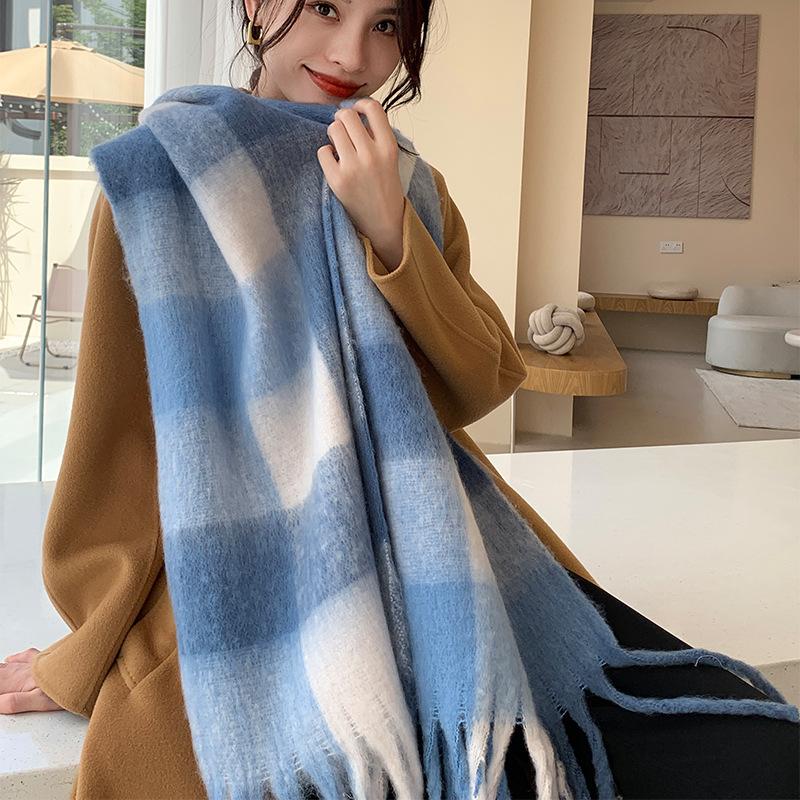 Winter New Scarf Women's Winter Thickened Warm Scarf Colored Plaid Fringed Scarf Shawl Fashionable Outer Cover