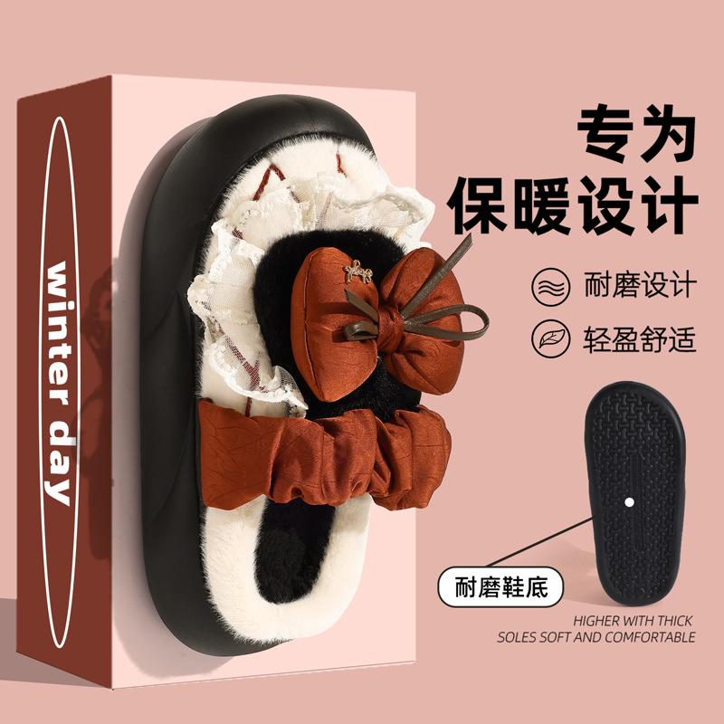 Bow cotton slippers are cute in winter, home use thick bottom to keep warm, and non-slip plush cotton for winter wear.