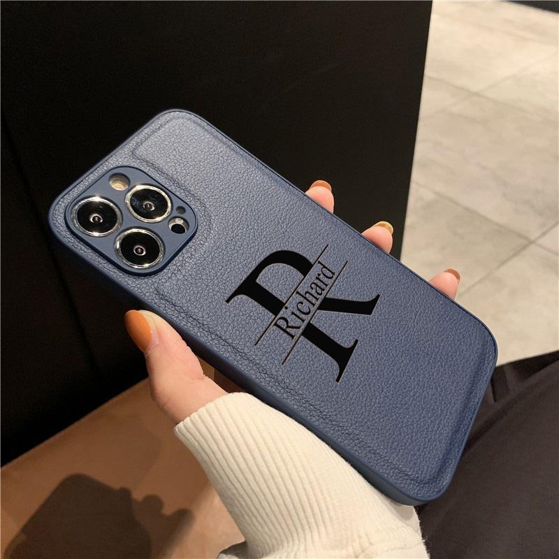 

Personalized Initials Case For 17 16 15 14 13 12 11 Pro Max Plus Big Letter Laser Engraving Leather Cover For iPhone 17ProMax темно-синього кольору