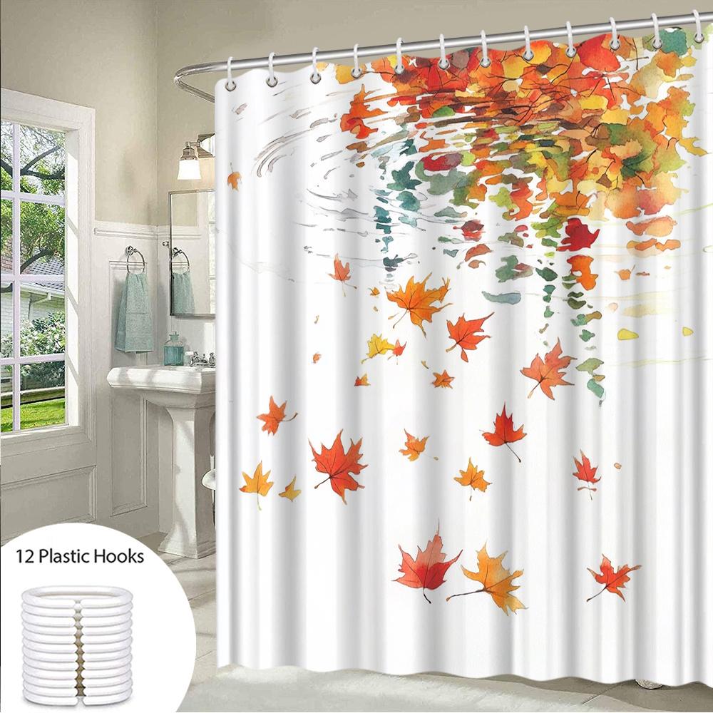 1Pc Autumn Maple Leaf Shower Curtain - Vibrant Fall Foliage Bathroom Decor With Red, Orange, Yellow, Green, White - Machine Wash