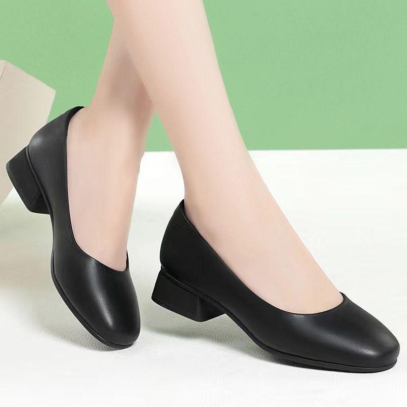 

Square head thick heel work black leather shoes women s soft sole comfortable professional shoes interview single shoes medium heel casual etiquette w 35