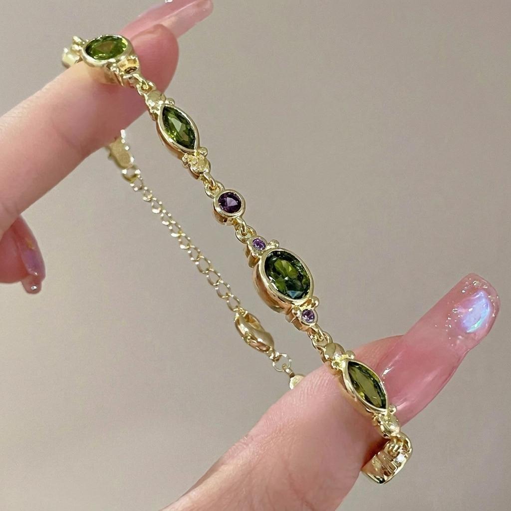Light Luxury Green Purple Crystal Zircon Bracelet For Women Exquisite Shiny Rhinestone Link Chain Bangle Party Wedding Jewelry