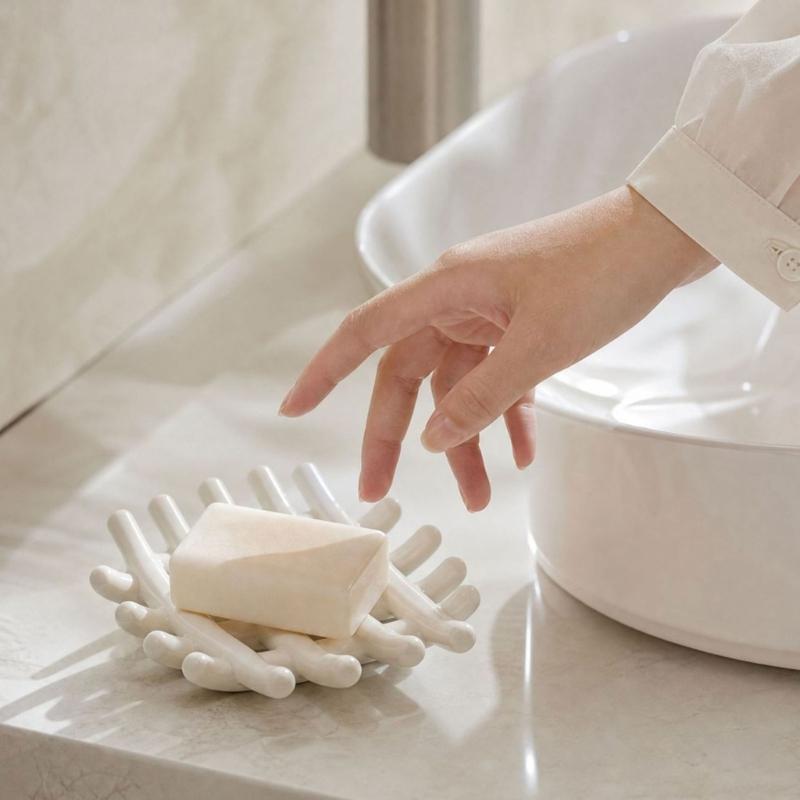 Countertop Ceramic Soap Dish with Raised Drain Rails for Bathroom Sink Use, Kitchen Counter and Guest Washroom