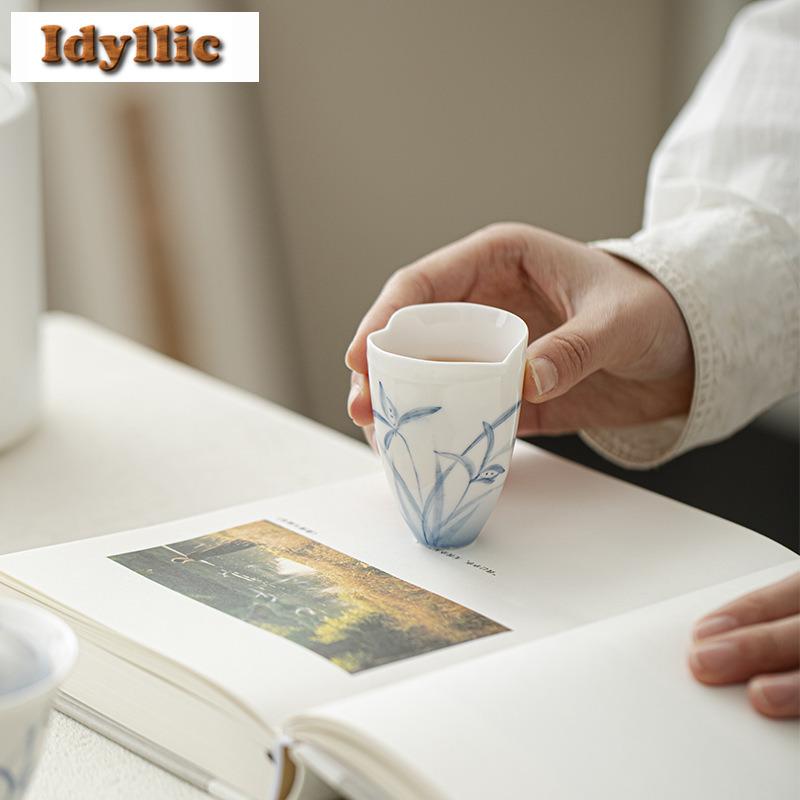 2pc/lot Hand Drawn Orchid Jade Mud Teacup Aesthetic Tea Bowl Tea Pair Tea-tasting Meditation Cup Jianzhan Master Cups Gift 65ml