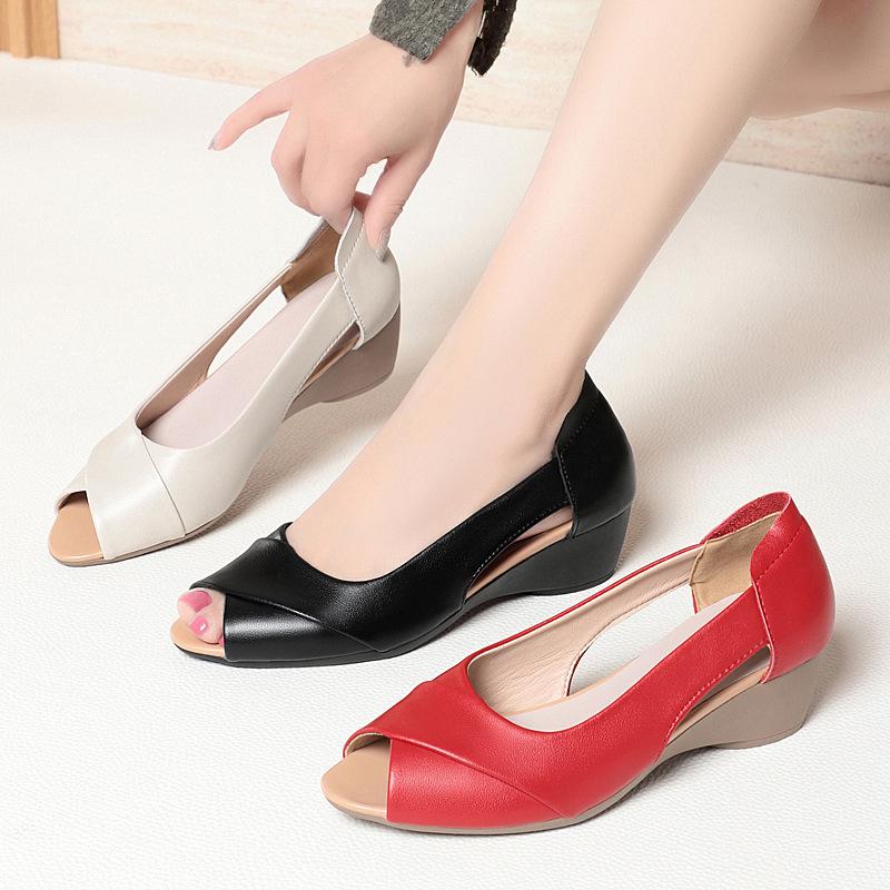 4cm Top Quality Open Head Comfortable Genuine Leather Sandals Summer Shoes 2025 Trend Med Heels Wedges Sandals for Office Mom