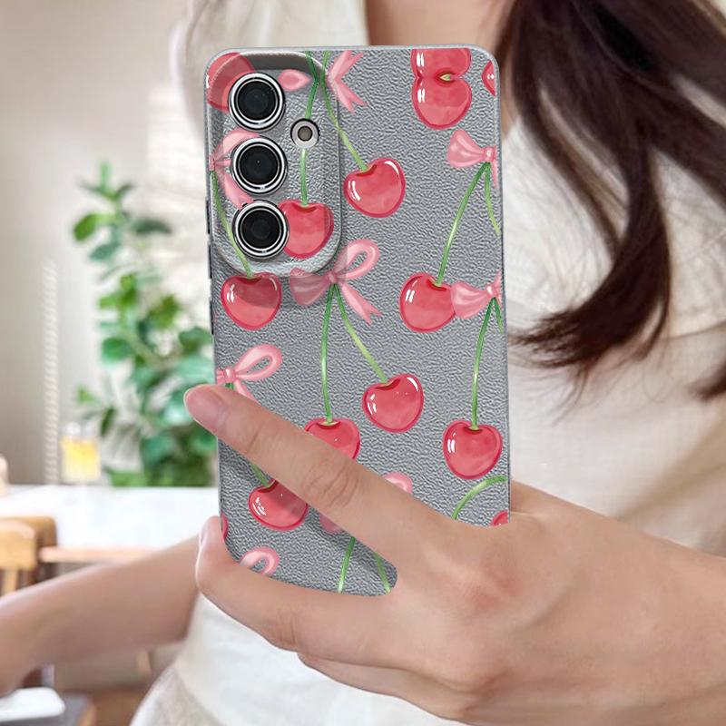 Cartoon Cherry Fruits Case For Samsung S26 Ultra S25 A18 S24 S23 S22 S21 FE A15 A16 A17 A35 A36 A37 A54 A55 A56 A57 Leather Texture Silicone Cover