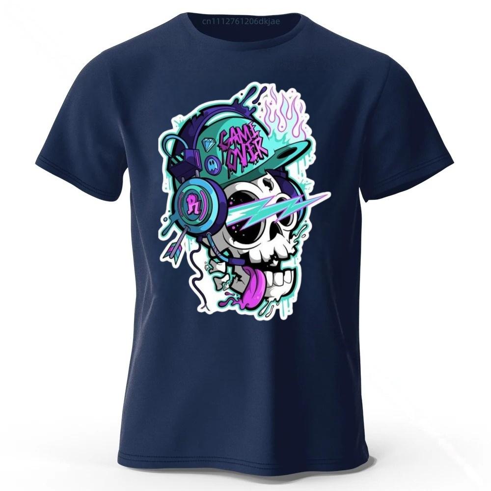 

Hip-hop Rock Style Skull Print Cotton Short Sleeves Men Loose Oversized T-shirt Tops XXXL темно-синього кольору