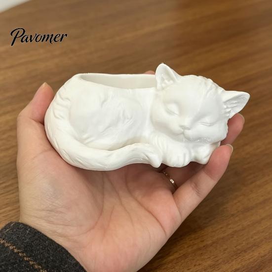 Embossed Texture Plant Pot 3D Printed Sleeping Cat Flowerpot, Mini Desktop Planter, Unique Indoor Garden Decor Decorative Holder for Succulents Small