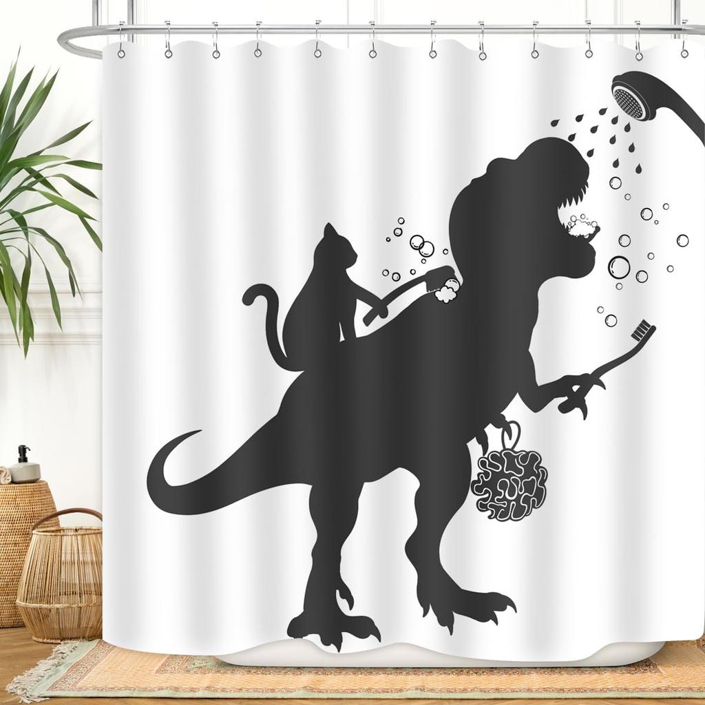 Cat Dinosaur Shower Curtain Funny Cartoon Cat Dino Bathe for Kids Boys Silhouette Shadow Black White Design Artwork Bathroom