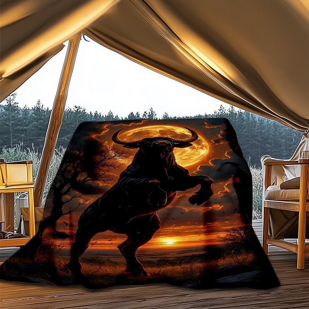 

1pc Bull Sunset Landscape Throw Blanket Polyester Fiber, Lightweight Flannel, Soft & Warm, All Season Use for Outdoor, Camping Digital Print 80x120cm