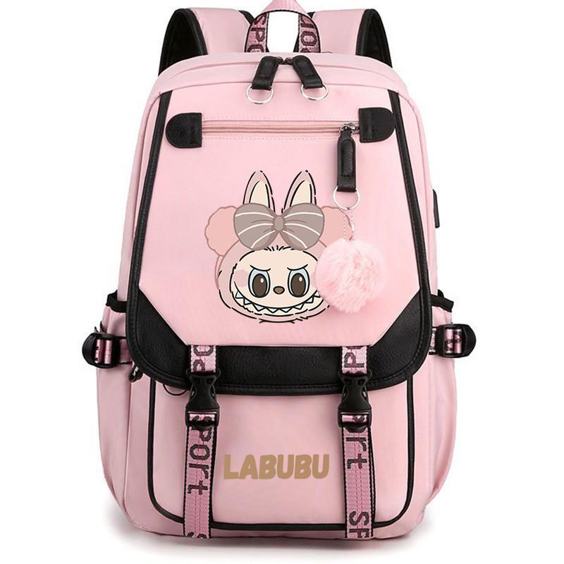 Oxford Labubu Print Fabric Kids School Backpack With Adjustable Straps For Boys And Girls Travel Use Pink