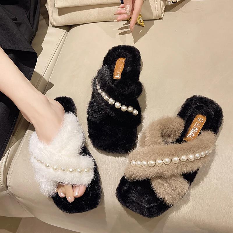 Мода 2024 женские тапочки из флока роскошные шлепанцы меховые шлепанцы на платформе новые — фото 6