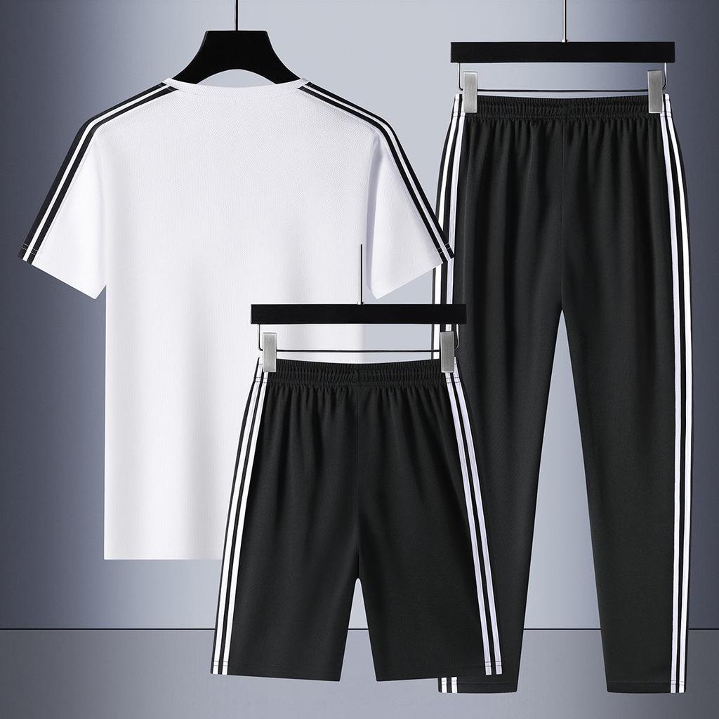 Women's Sporty Three-Piece Set: M-8XL Crew Neck, Short Sleeve with Shorts, Casual Running Attire with Three Stripes for Summer.