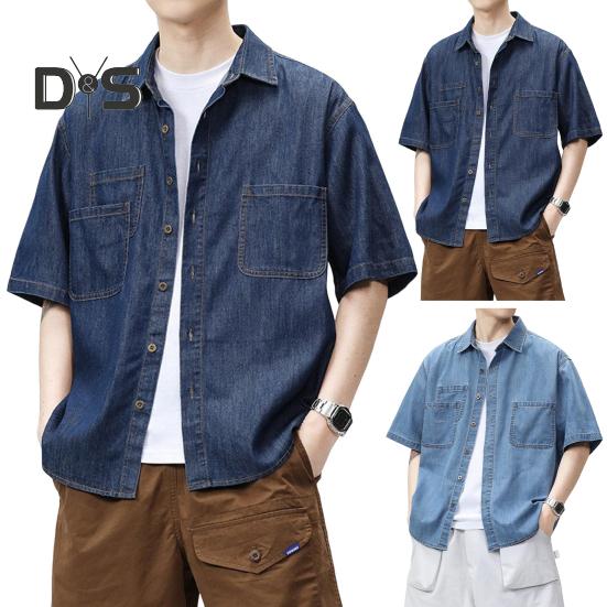 Pánská bavlněná košile s krátkým rukávem Letní zapínací košile s klopou Džínové košile s kapsami Ležérní plážové oblečení Top