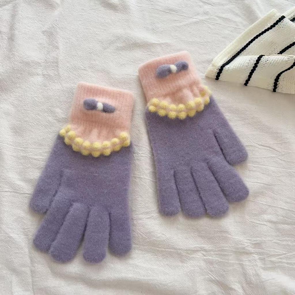 Cute Blue Plush Knitted Five Finger Gloves for Women in Autumn and Winter Warm and Velvet Thickening New Style for Cycling and Cold Protection