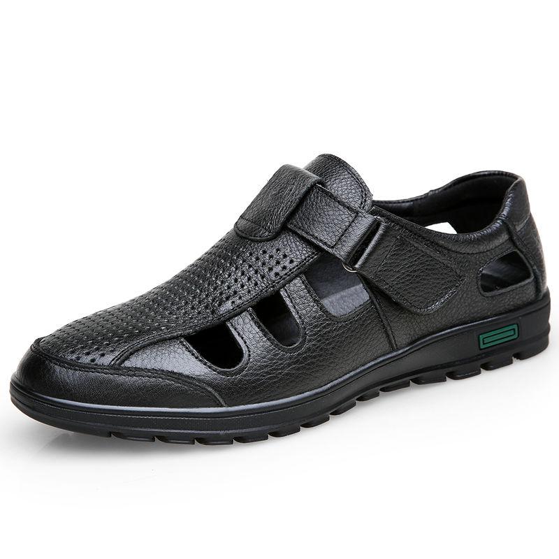 Summer Mens Flat Sandals  2019 New Soft Genuine Leather Male Flat Sandals Business Leisure Daddy Flat Shoes