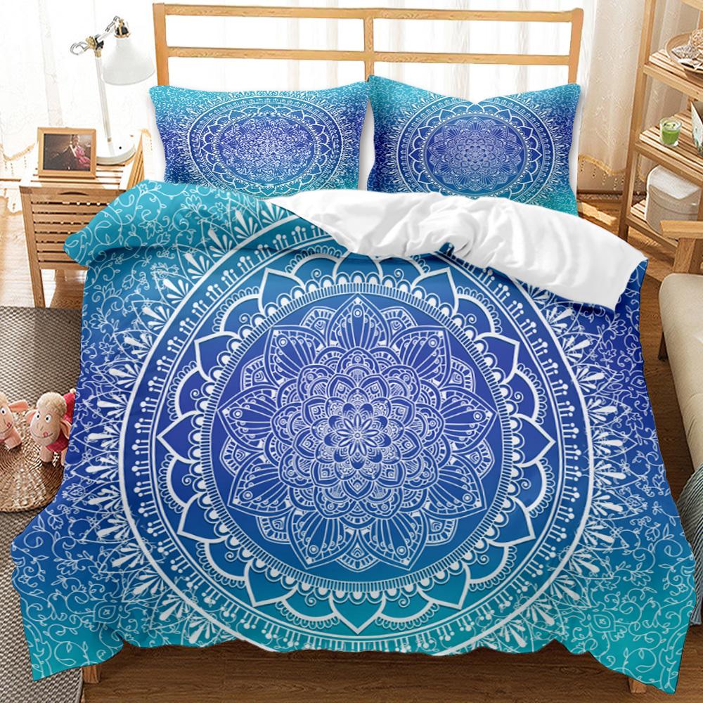Bohemian Mandala Duvet Cover Set Twin Queen King Full Size,Blue Boho Chic Microfiber Bedding Set for Boys, Girls, Kids and Teens