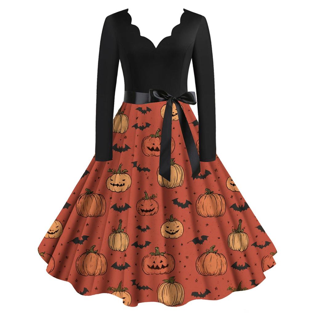 Halloween Print Flare Dress For Damer Langermet Kjole Fritidskjoler