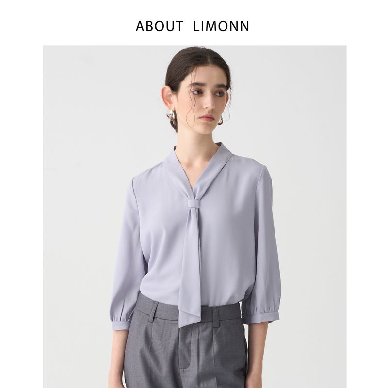 

Limonn Drape Work Clothing Professional Three-Quarter Sleeve Chiffon Shirt Women s Interview Minimalist White Ribbon Shirt Summer Wear Fog Blue L