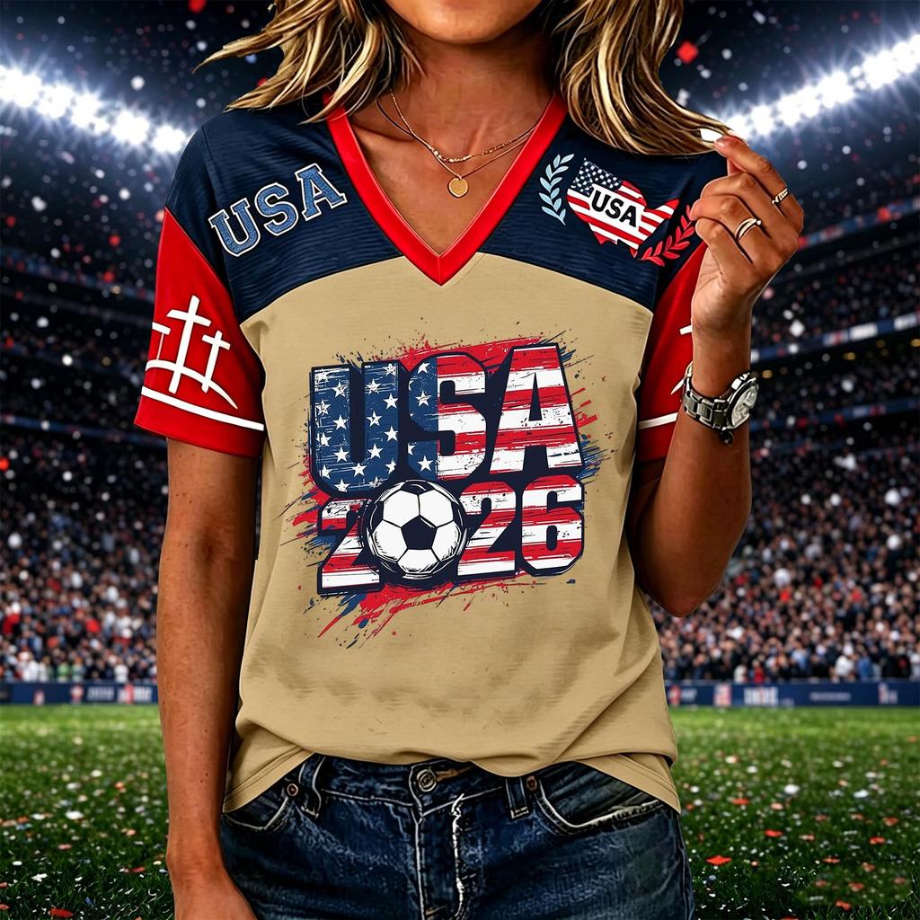 Women’s Casual Short Sleeve V Neck Pullover Top with USA 2026 Soccer Graphic Print Comfortable Loose Fit T Shirt for Daily Wear