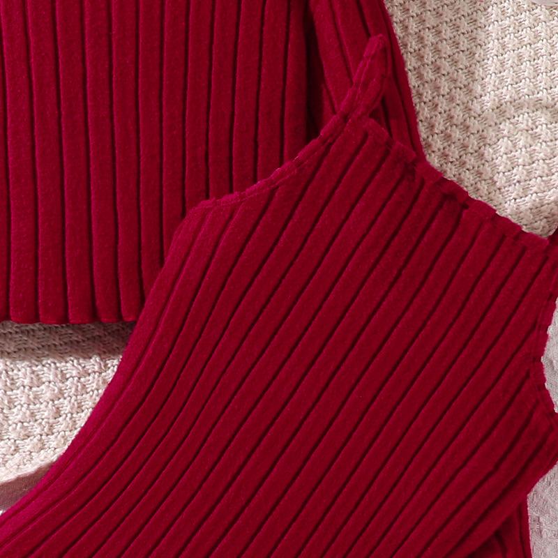 Big Girl Autumn Winter New Knitted Long Sleeve Beaded Blouse Strap Dress Set