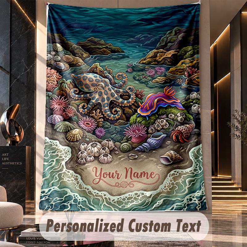 Oceanic Shell Paradise Theme Wall Tapestry Customized With Name Text Personalized Hanging Tapestry For Bedroom Living Room Decor
