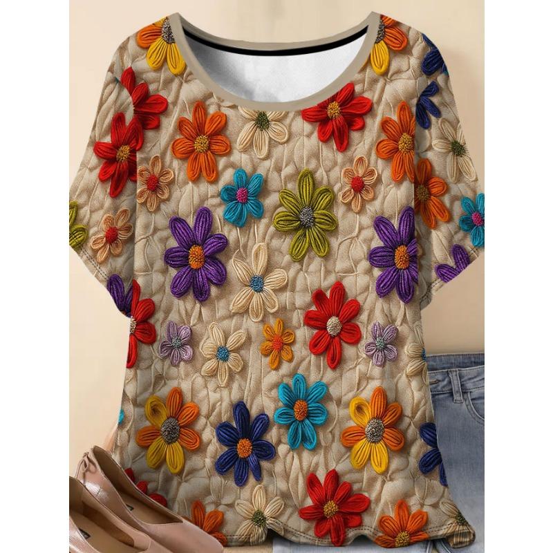 3D Flower Women s Digital Print Summer T-Shirt Round Neck Short Sleeve S