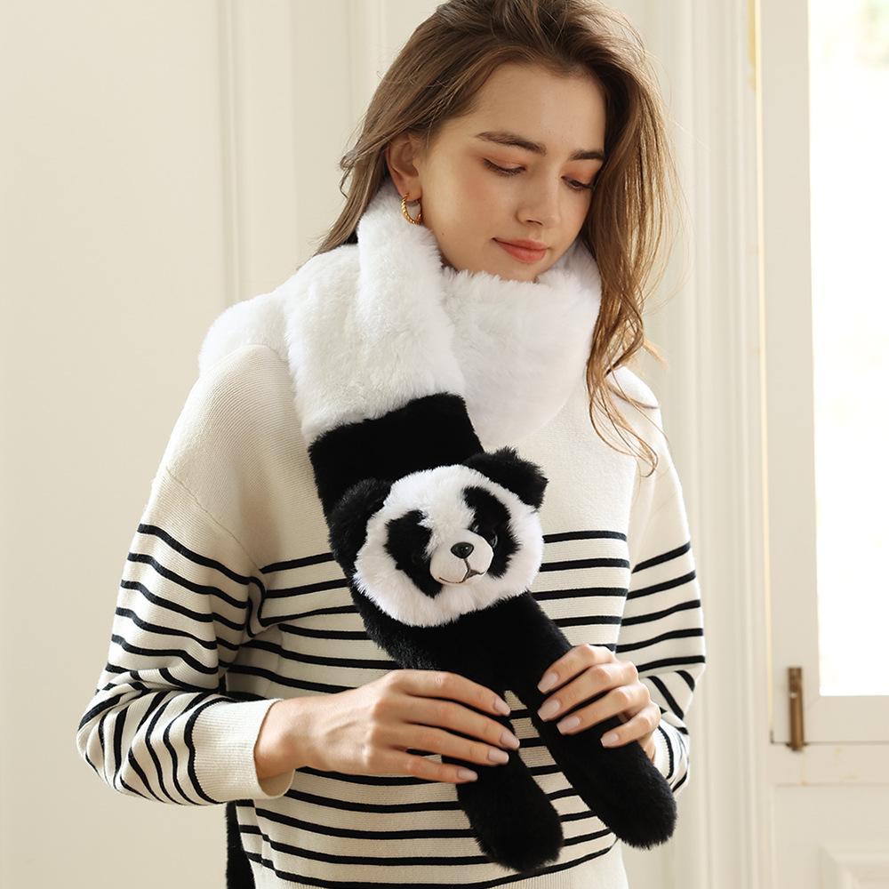 Women's Winter Plush Panda Cartoon Scarf + Girls Plus Velvet Knitted Gloves 2 Piece Set