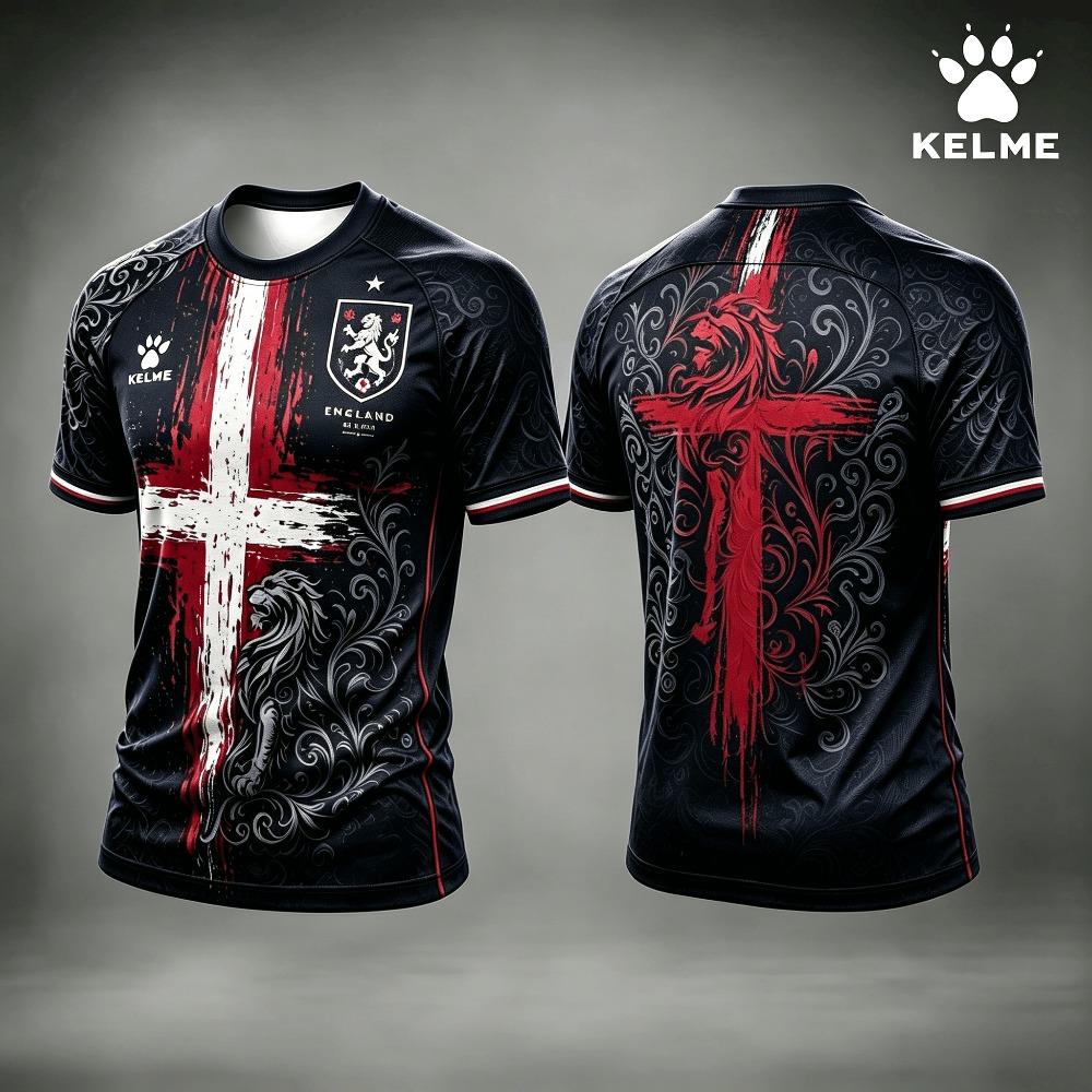 KELME England Summer Men's Football Jersey Vintage Lion Cross 3D Print Breathable T-shirt Casual Fashion Sports T-Shirt Fan Gift