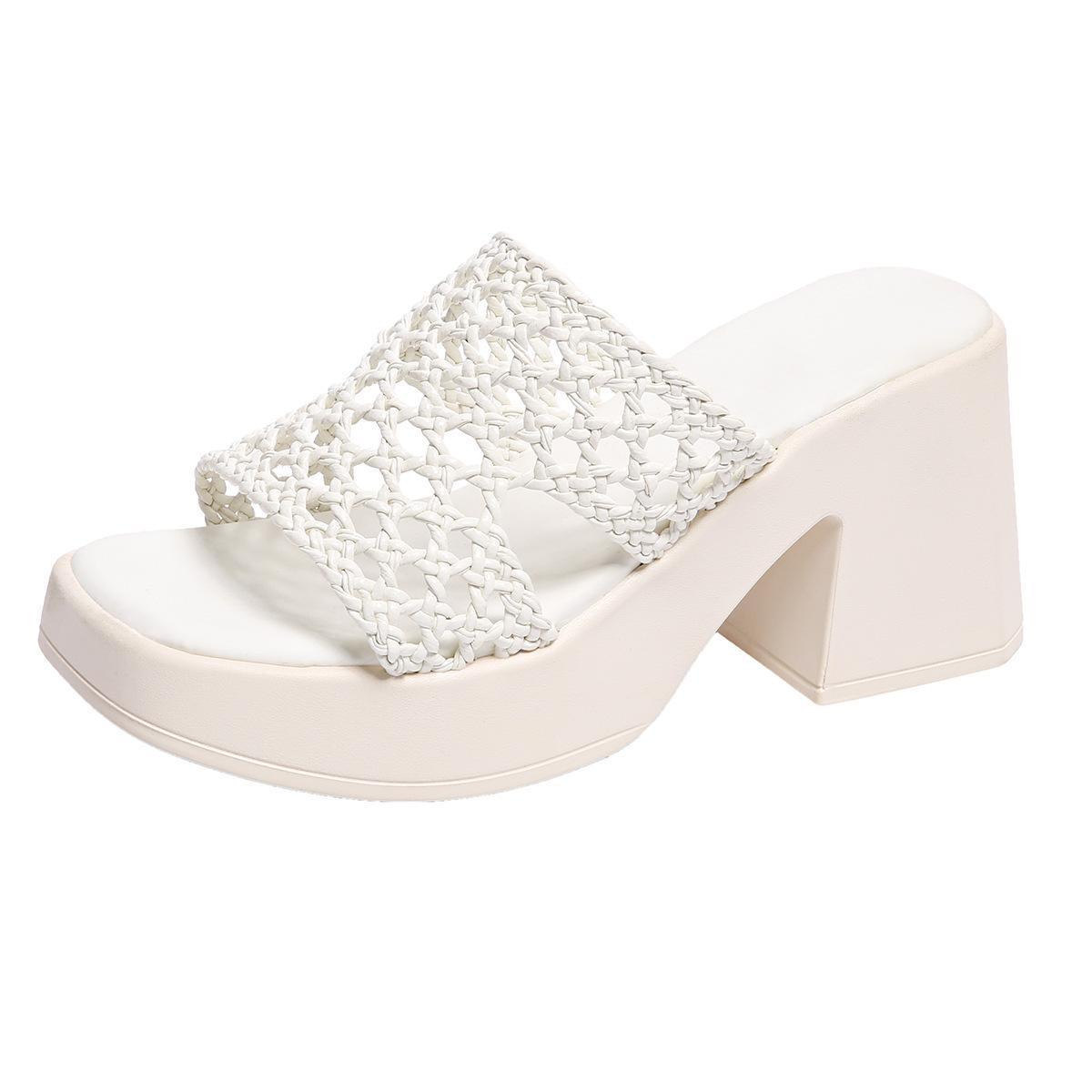 

2025 summer new style one-word hollow women s large size thick heel square head high heel slippers 42