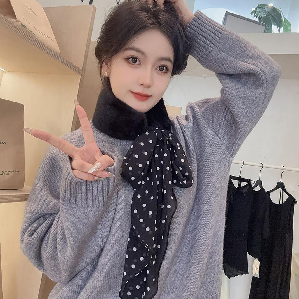 Winter Furry Plush Collar Scarf Women Warm Shawl Wrap Scarves with Silk Ribbon Leopard Pattern Patchwork Neckerchief