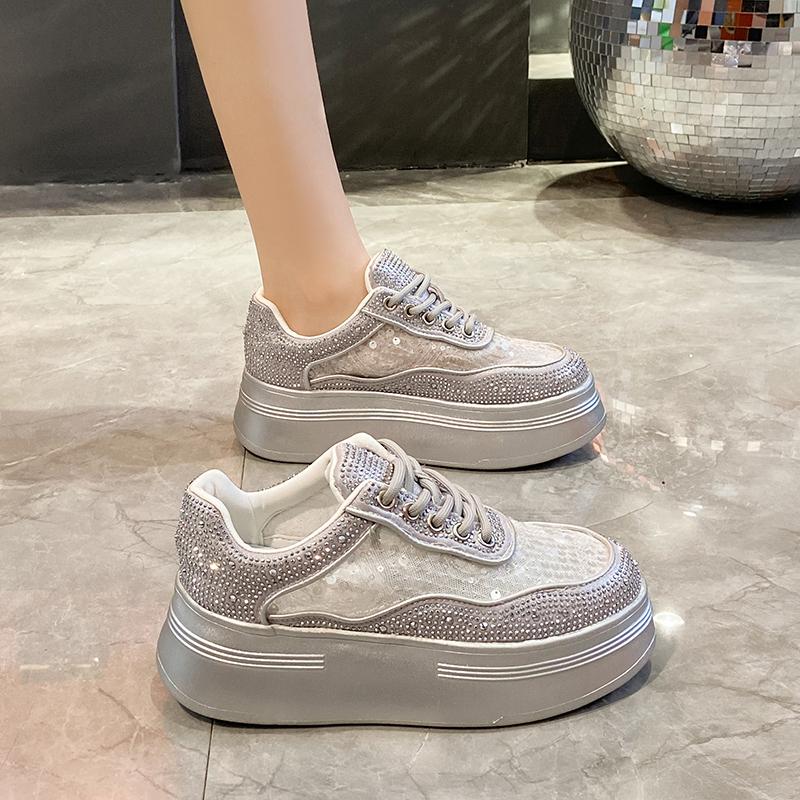 Fashion Luxury Women's Sports Shoes Summer Mesh High Heel Platform Lace Water Diamond Crystal Casual Work Shoes Outdoor Running Shoes