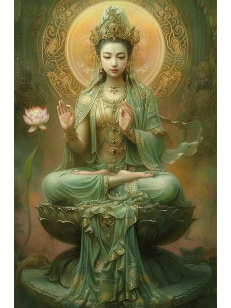 Farbige Buddha-Statue Guanyin DIY Stickerei Voll Quadratisch/Rund Diamant 5d Kreuzstickerei Mosaik Buddhistische Konzeption Lotus