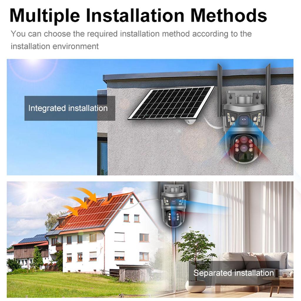 Panorama-Solarkamera mit Dual-Bildschirm, 4G, Triple-Objektiv, 10x Zoom & Überwachung mit Akku mit geringem Stromverbrauch