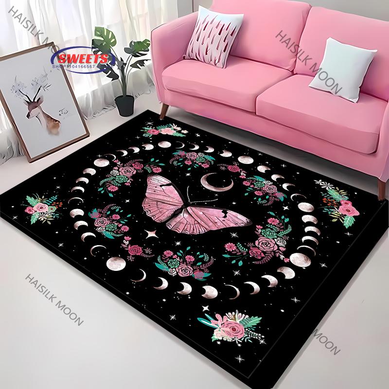 3D Himmlischer & Floraler Kunstbereichsteppich – Rutschfester Teppich für Schlafzimmer oder Wohnzimmer – Mond Sonne Blume Totem Bodenmatte, Heimdekor