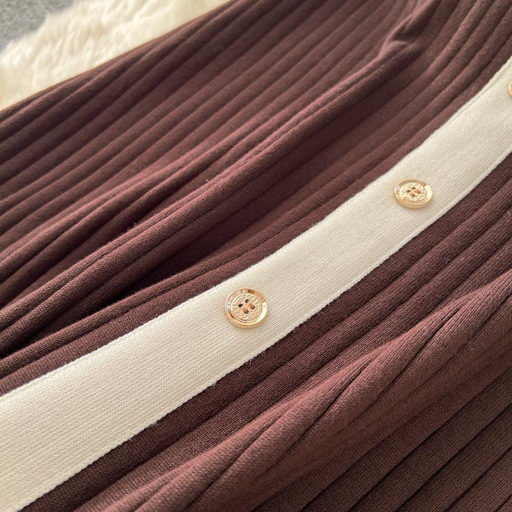Elegant Slimming Spliced Single-breasted Knit Dresses for Women Lapel Short Sleeves Patchwork Sweater Dress Female