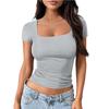 Women's Square Neck Short Sleeve Crop Top Slim Fit Sexy Solid Knit Casual Tee