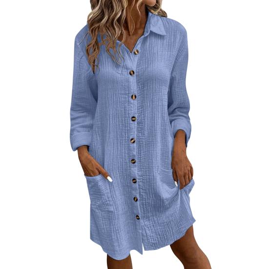 Women Dress Turn-down Collar Loose Long Sleeves Single-breasted Solid Color Shirt Type OL Commuting