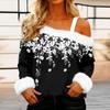 Women's Off-the-shoulder Plush Neck Printed Long-sleeved Pullover T-shirt Top