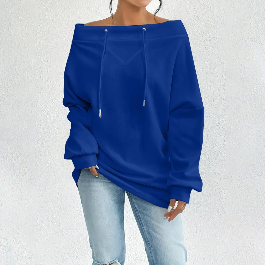 Women's Loose Casual Through Drawstring Off-the-shoulder Line Neck Top