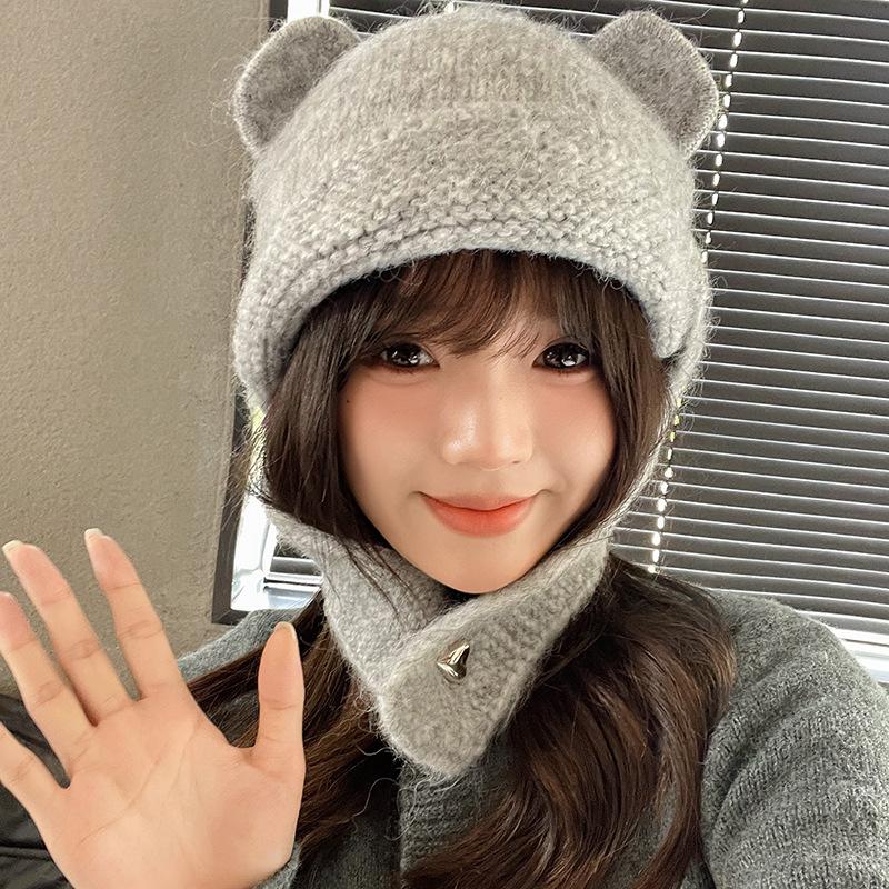 Cute~ Three-dimensional Bear Ears Knitted Wool Hat Women's Big Head Circumference Versatile Face Fashion Hat Thermal Ear Hat