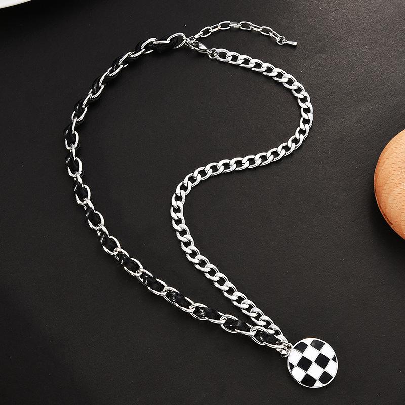 Heart Trendy Shape Titanium Steel Necklace Featuring Stylish Black And White Checkerboard Design