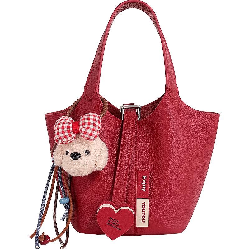 Toutou Top-Grain Leather Bucket Crossbody Bag Medium