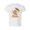 Space Dog Cartoon Graphic Tee With Orange Star Background And Satellite Illustra