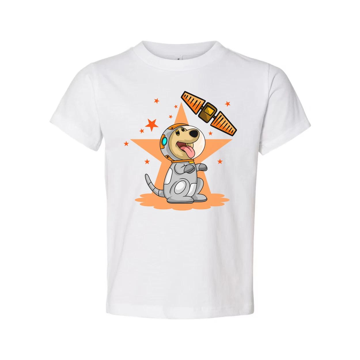 

Space Dog Cartoon Graphic Tee With Orange Star Background And Satellite Illustra 3XL